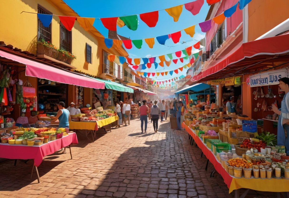 A vibrant scene showcasing a bustling Paraguayan marketplace filled with colorful stalls, displaying various products and deals. Highlight cheerful shoppers comparing prices and discovering bargains, surrounded by festive decorations. Include signs with promotional offers in Spanish to enhance the local flavor. The atmosphere should be lively and engaging, reflecting the essence of retail trends in Paraguay. super-realistic. vibrant colors. 3D.