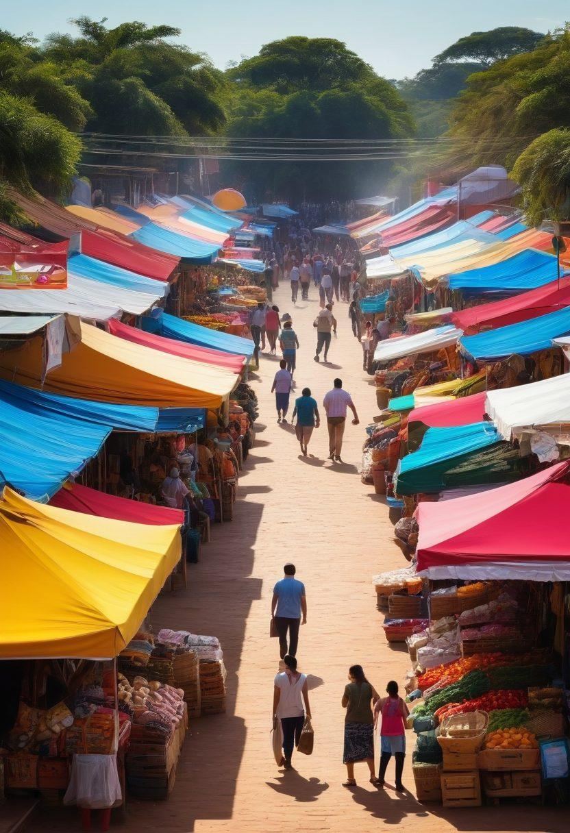 A bustling marketplace in Paraguay, showcasing a vibrant mix of online and in-store shopping experiences. Include locals interacting with digital devices while browsing colorful stalls filled with traditional crafts and fresh produce. Capture the essence of discounts and deals with visible price tags and cheerful shoppers. Highlight the contrast of modern technology against an authentic Paraguayan backdrop. bright colors. super-realistic. dynamic composition.