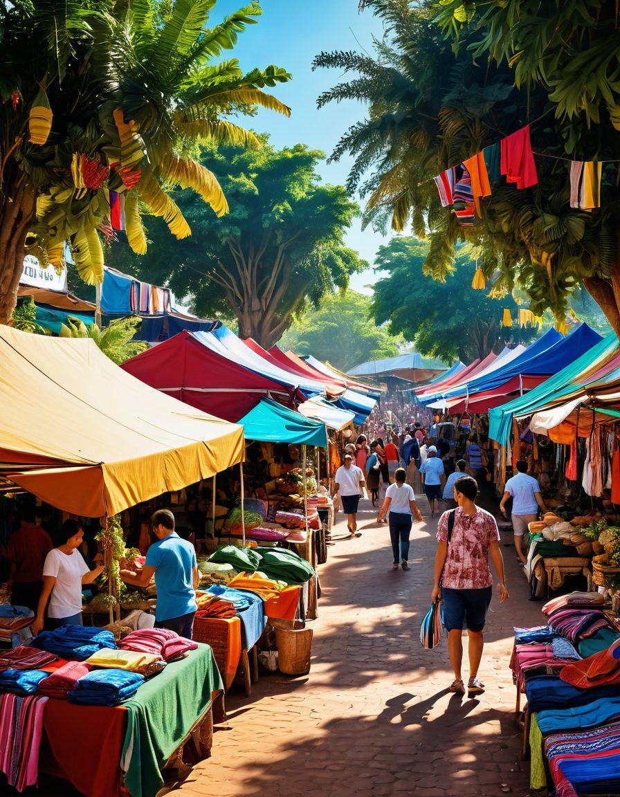 A vibrant marketplace scene in Paraguay, featuring colorful stalls overflowing with goods, a variety of shoppers interacting with vendors, bright traditional textiles hanging, and a backdrop of lush greenery. Include price tags highlighting great bargains and a digital screen displaying trends. The atmosphere should feel lively and engaging to reflect smart shopping. super-realistic. vivid colors. lively composition.